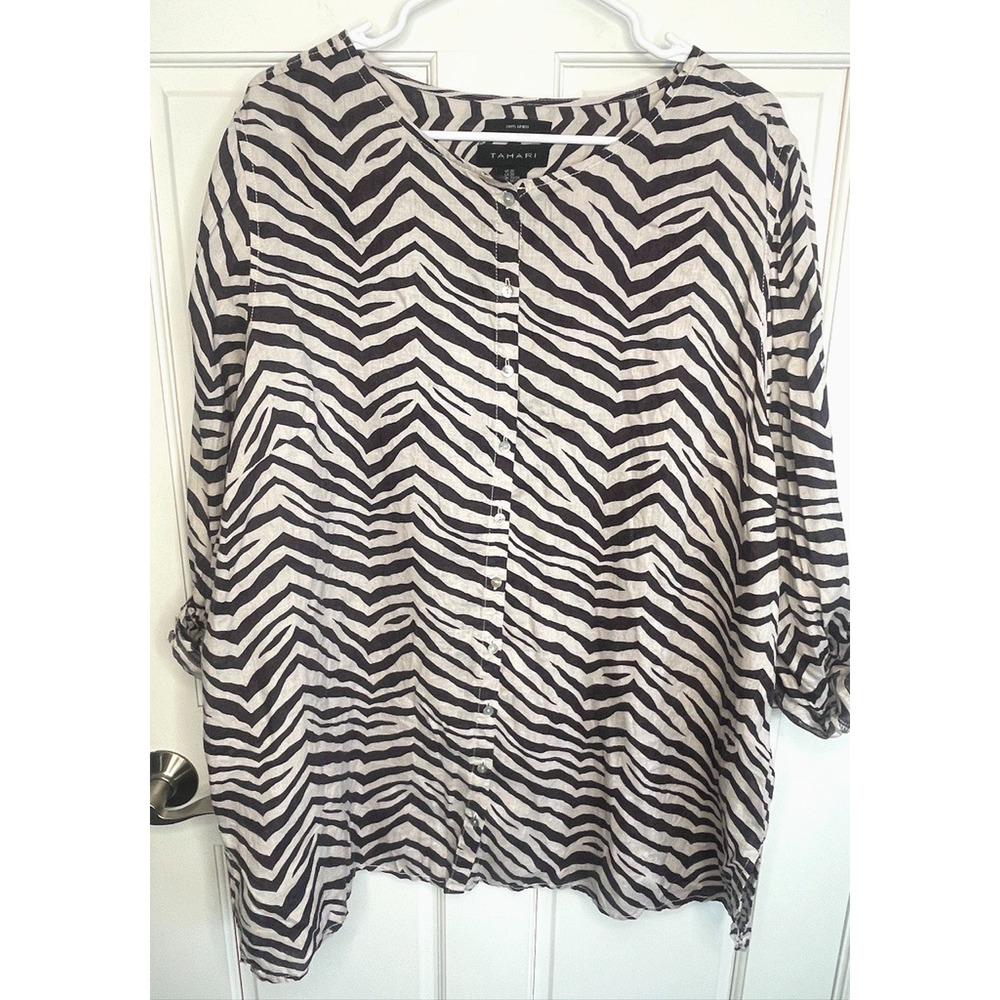 TAHARI Women's 100% Linen Button-Down Tunic Top Sz 2X Zebra Lagenlook Shirt Boho